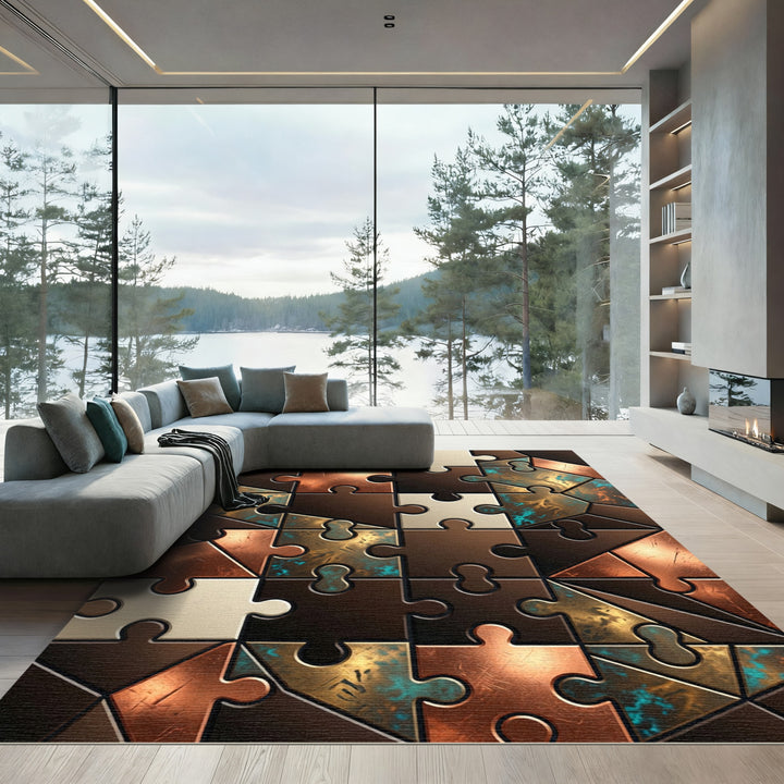 Bronze Teal Copper Jigsaw Mosaic Rug
