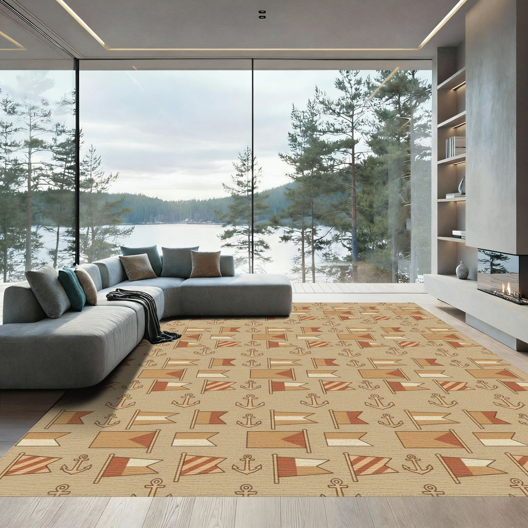 Nautical Flags Anchors Brown Beige Rug