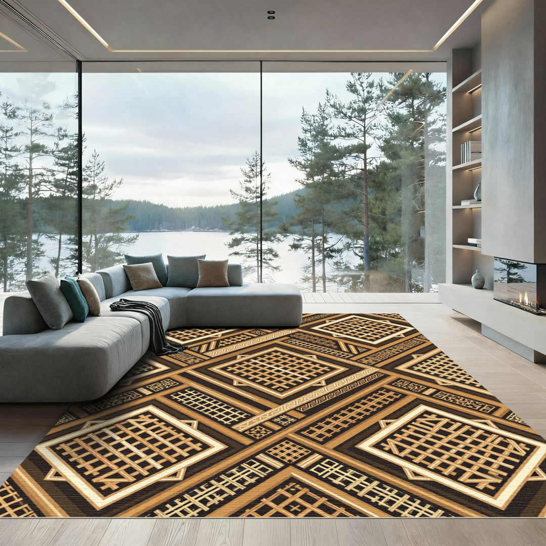 Geometric Brown Lattice Square Rug