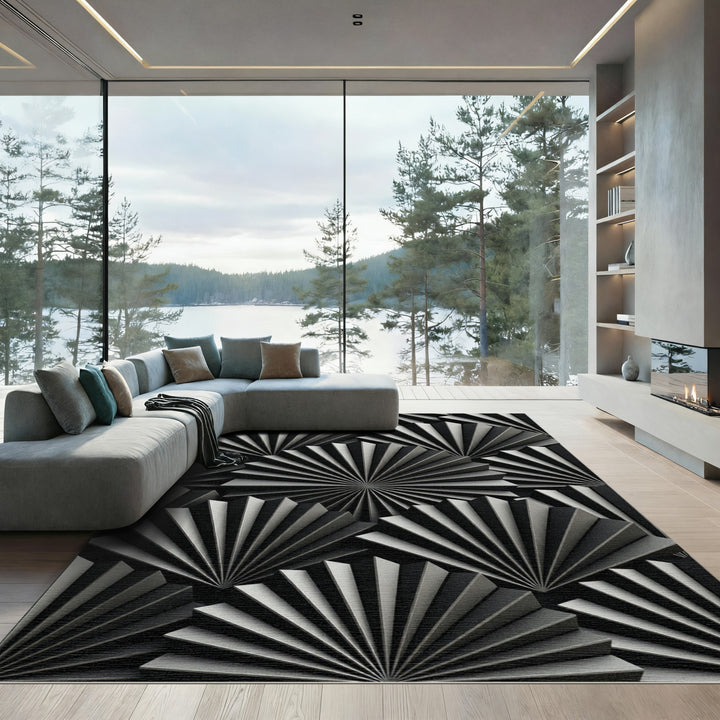 Geometric Fan Fold Black White Rug