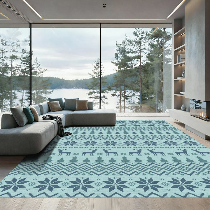 Nordic Blue Deer Snowflake Forest Rug