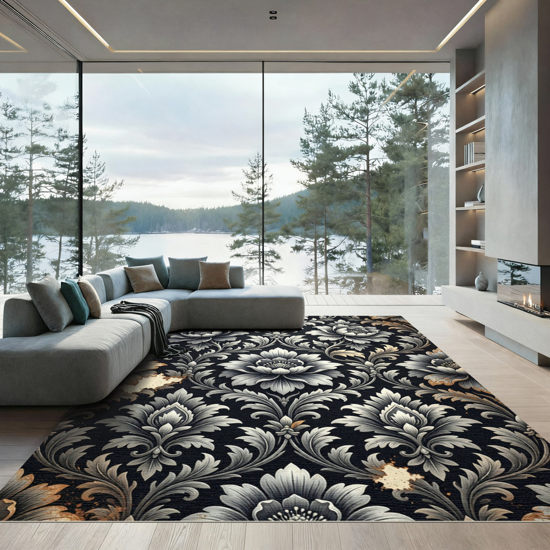 Ornate Black Floral Damask Rug