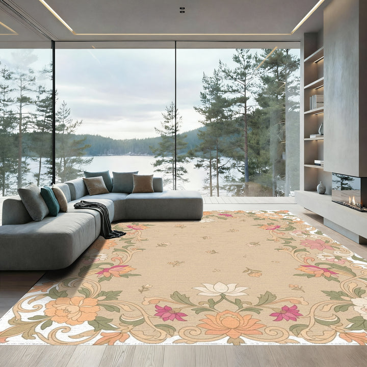 Floral Border with Peony and Lotus Motifs Rug