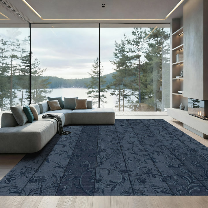 Navy Wood Floral Jacobean Rug