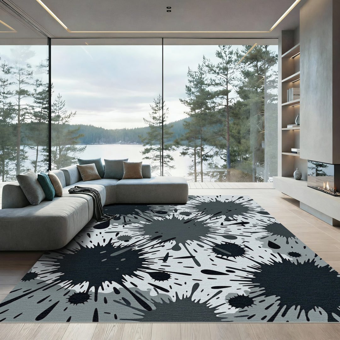 Monochromatic Ink Splatter Abstraction Rug