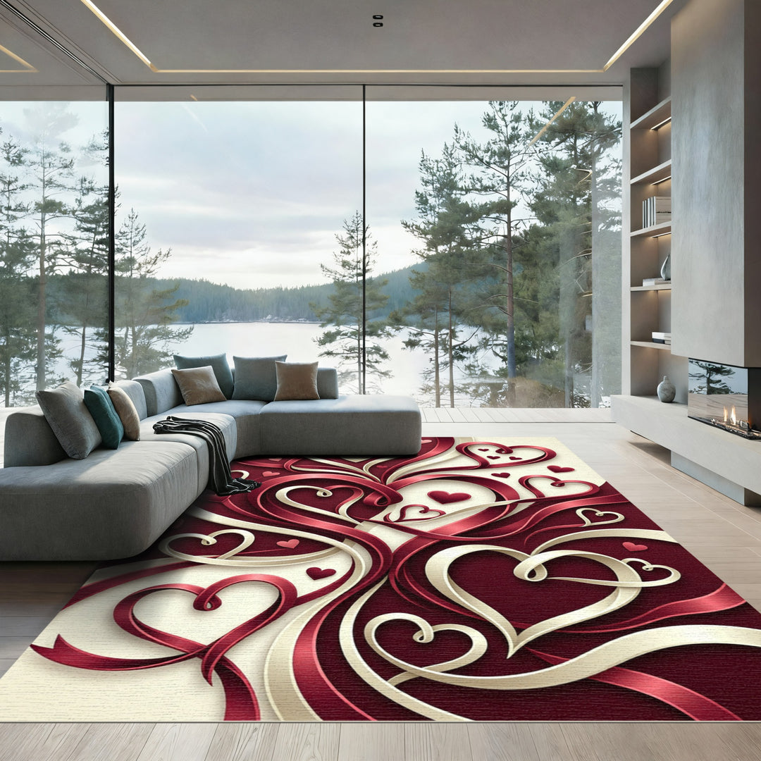 Elegant Red Cream Heart Swirl Rug