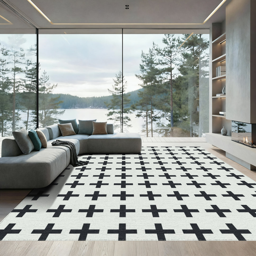 Minimalist Black Plus Sign Grid Rug