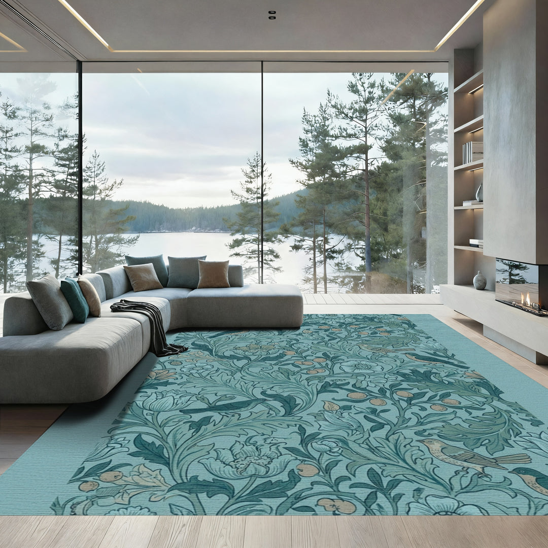 Teal Floral Birds and Fruit Garden Rug