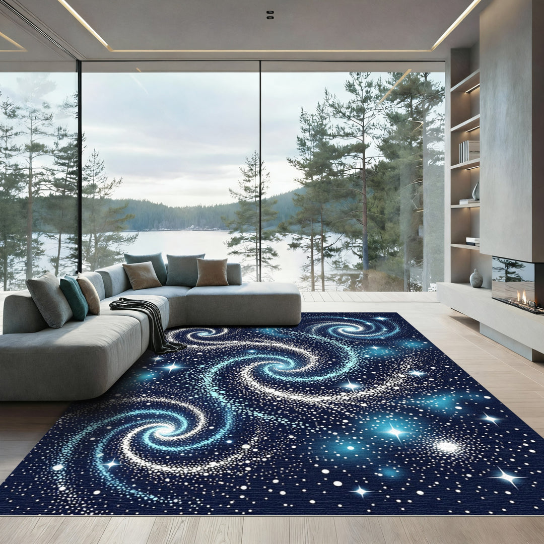Celestial Blue Swirling Nebula Rug