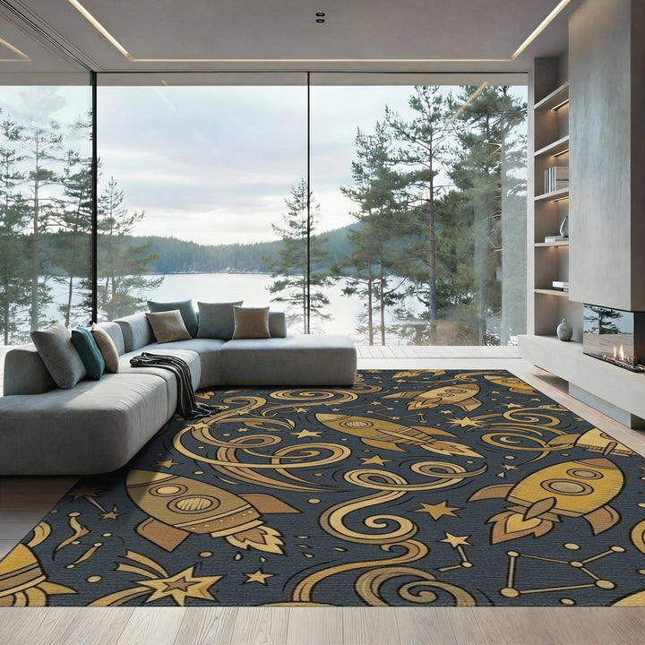 Golden Rockets Swirling Cosmic Nebula Rug