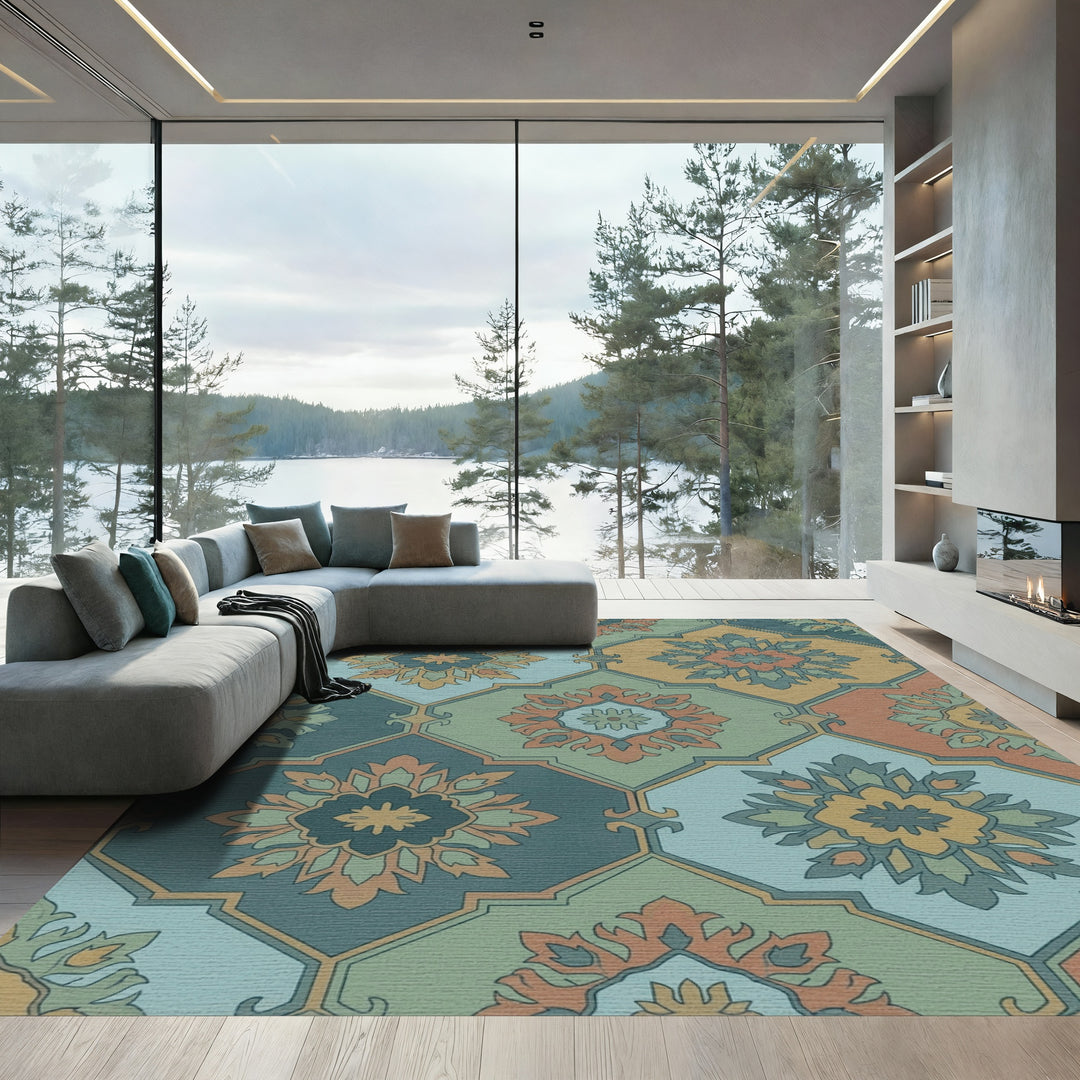 Earthy Jewel Toned Medallion Tile Rug