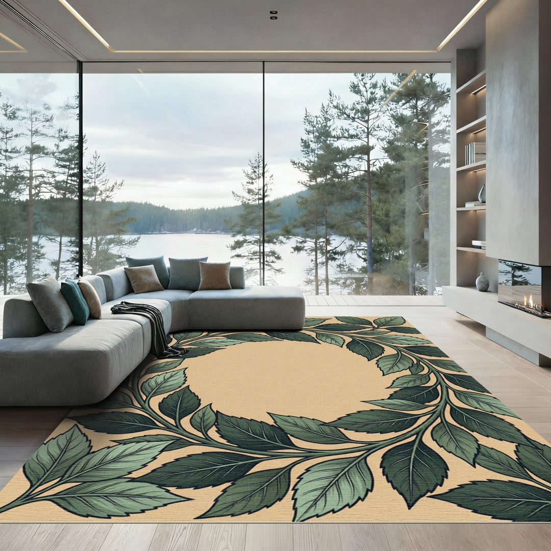 Deep Jade Leaf Border Accent Rug