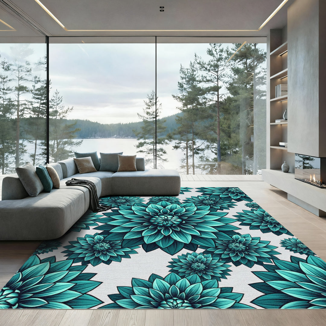 Teal Dahlia Floral Collage Rug