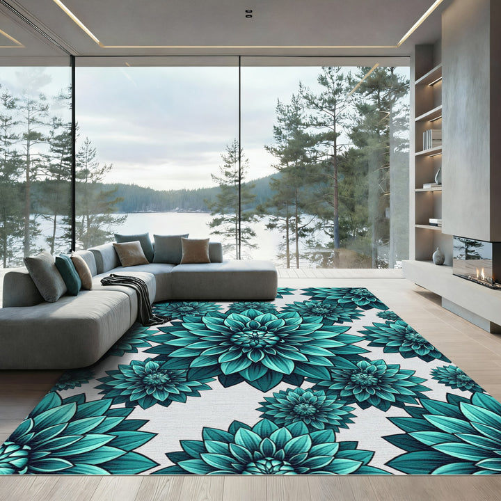 Teal Dahlia Floral Collage Rug