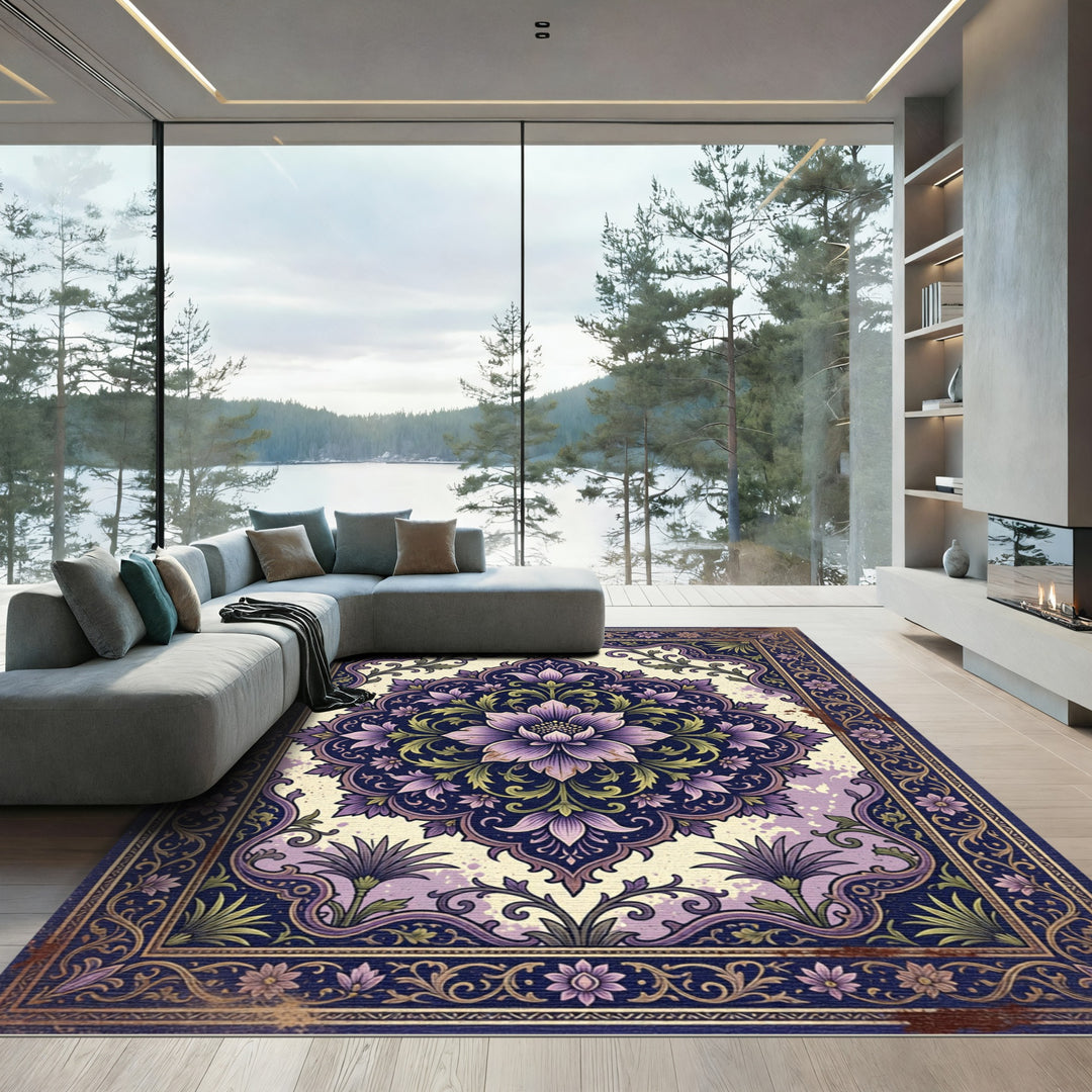 Purple Floral Medallion Mandala Rug