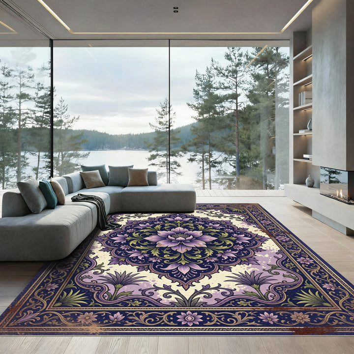Purple Floral Medallion Mandala Rug