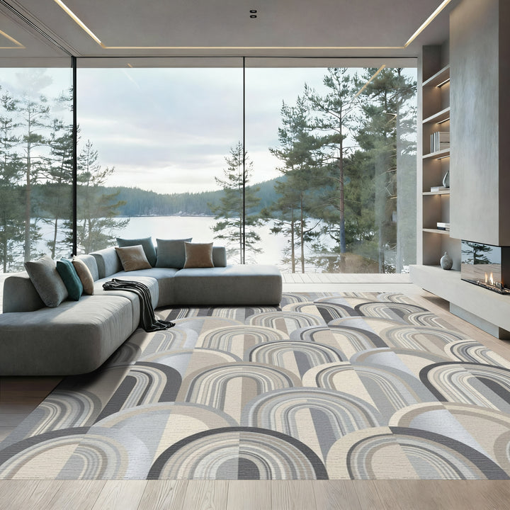 Neutral Tan Gray Art Deco Arches Rug