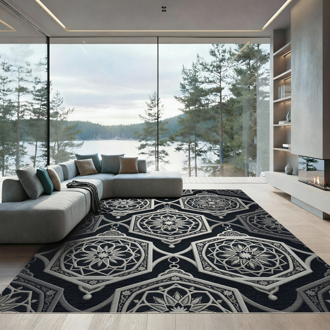 Elegant White Geometric Arabesque Rug