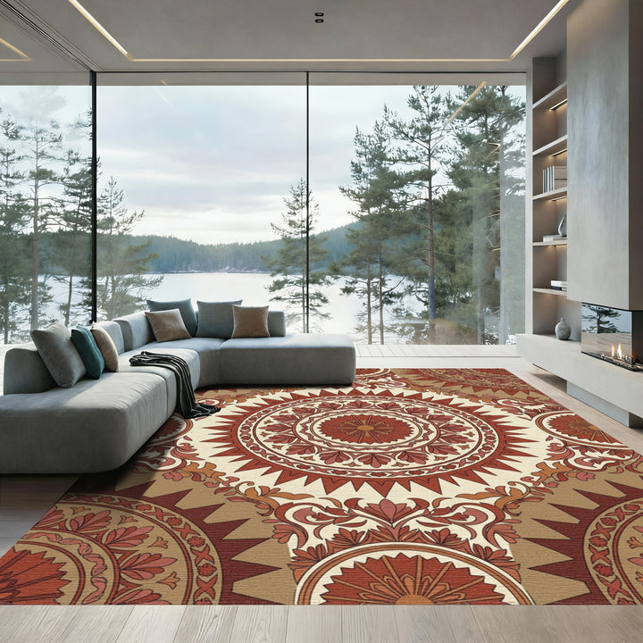 Terracotta Crimson Medallion Floral Rug