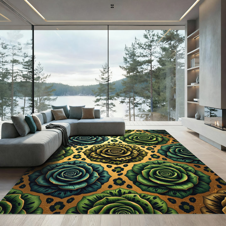 Emerald Teal Floral Leopard Accent Rug