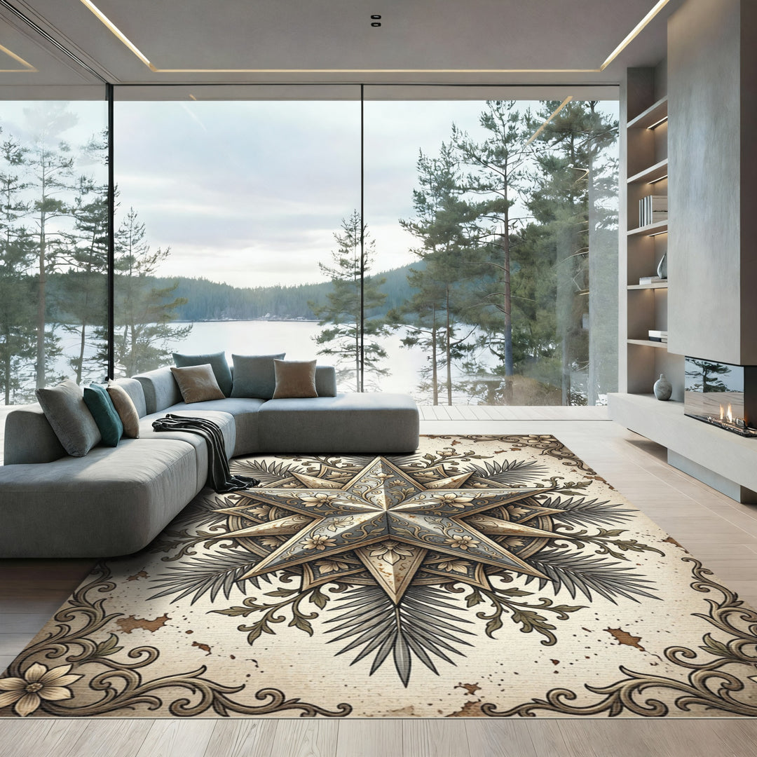 Antique Gold Star Floral Scroll Rug