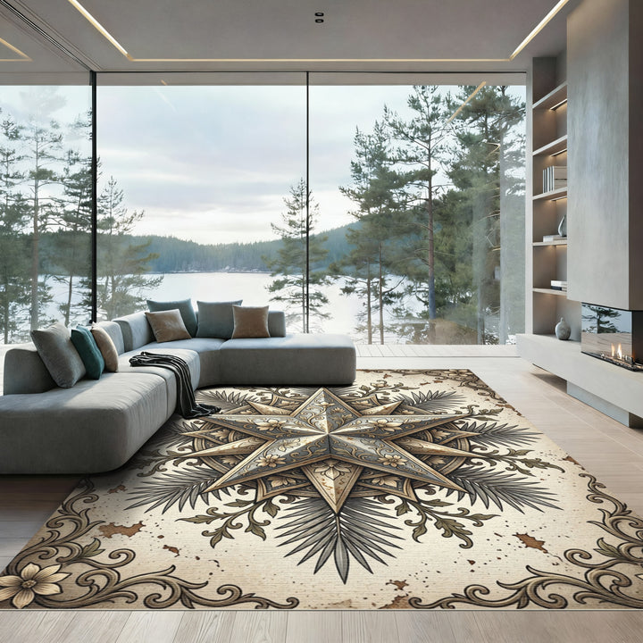 Antique Gold Star Floral Scroll Rug