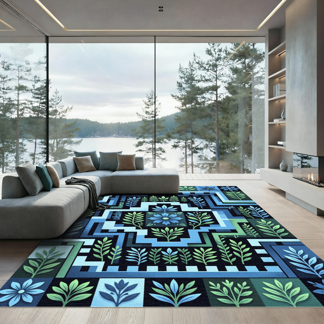 Deep Blue Green Floral Geometric Composition Rug