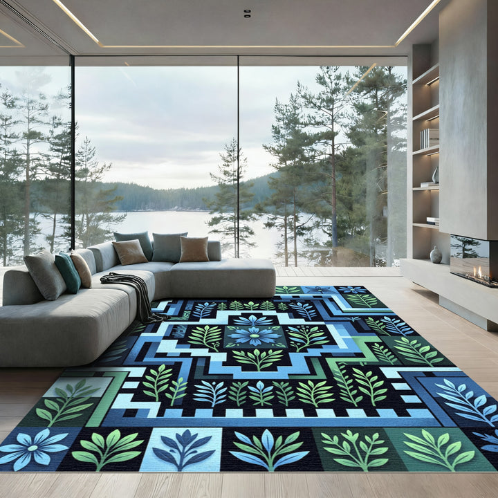Deep Blue Green Floral Geometric Composition Rug