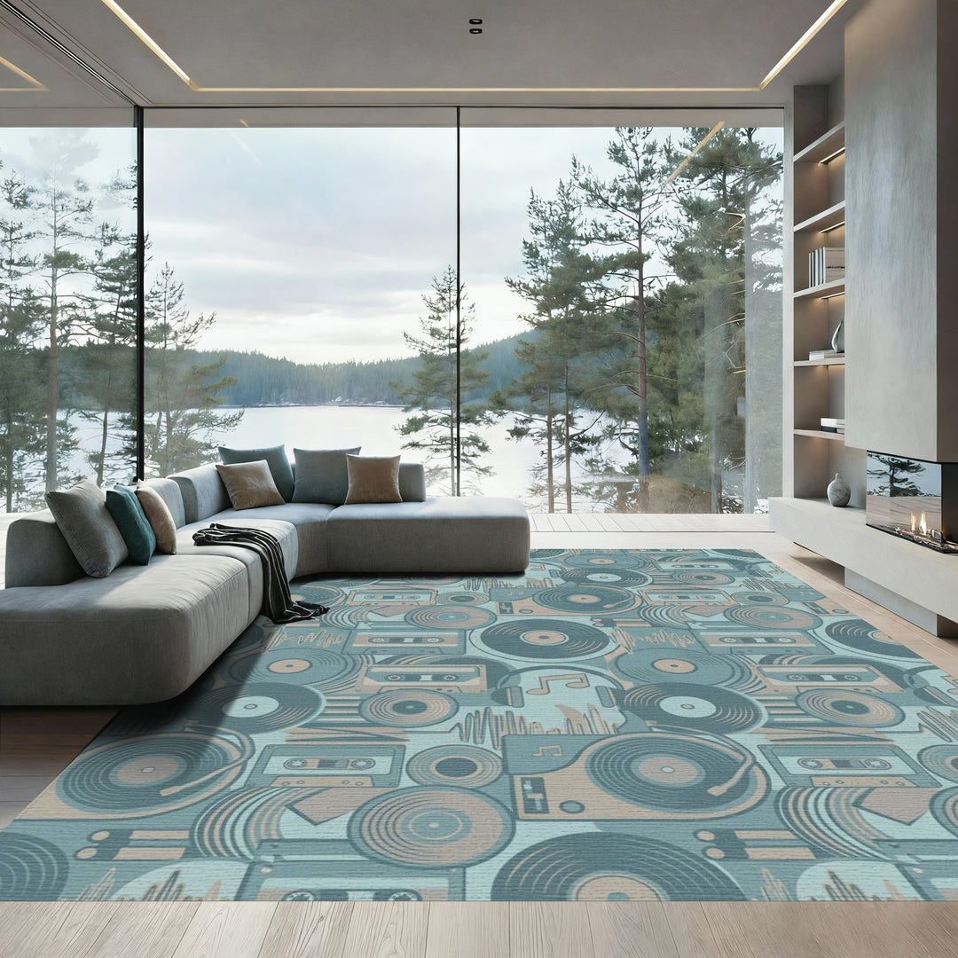 Retro Vinyl Cassette Turntable Audio Collaged Rug