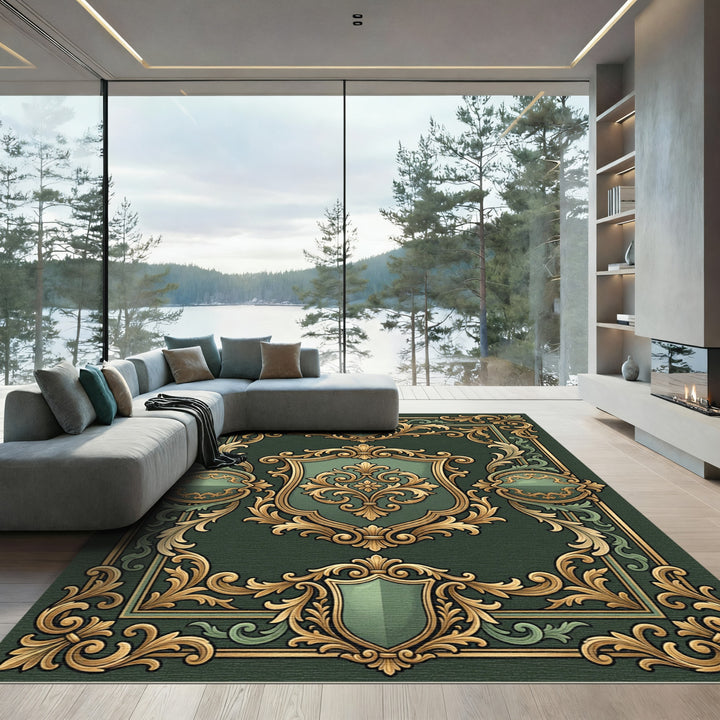 Ornate Green Gold Scrollwork Emblem Rug