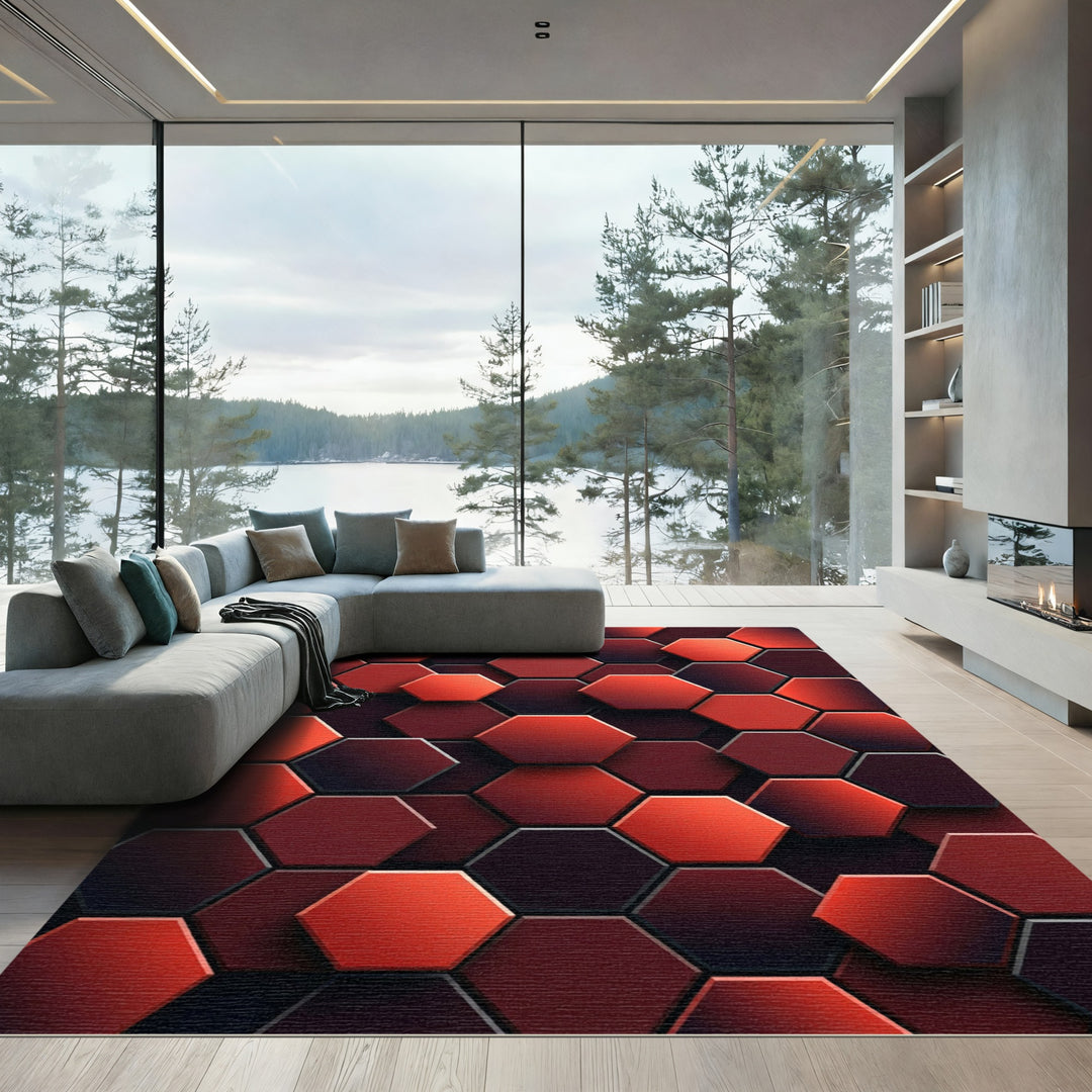 Crimson Red Hexagon Geometric Art Rug