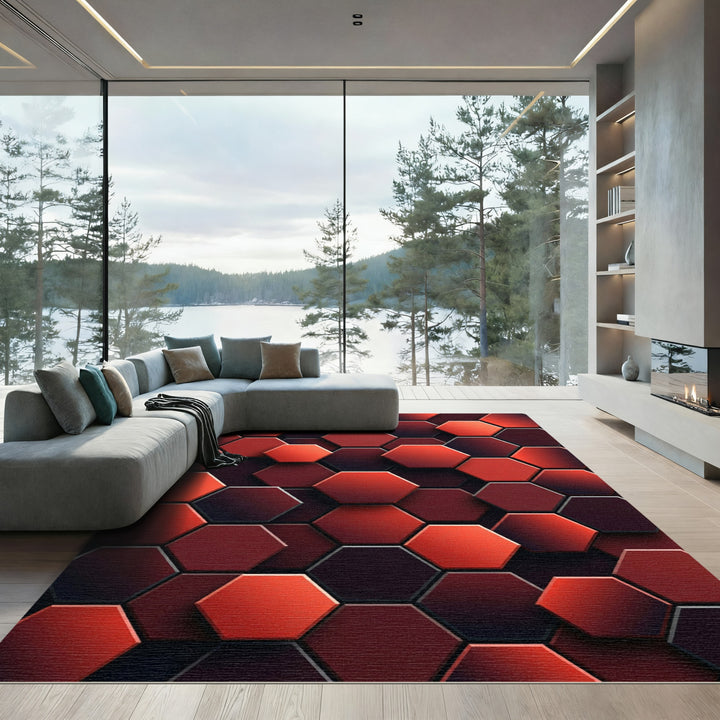 Crimson Red Hexagon Geometric Art Rug
