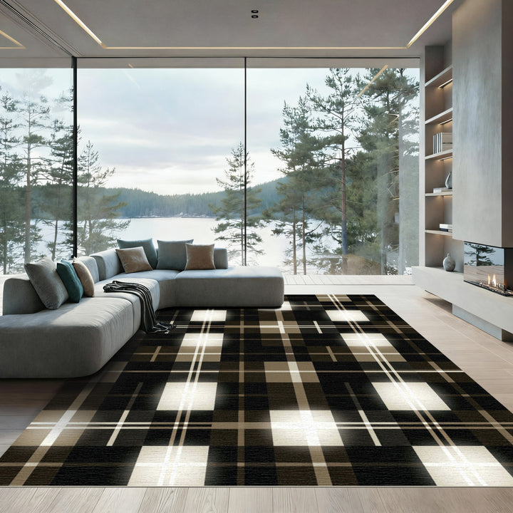 Dark Brown Beige Plaid Glow Rug