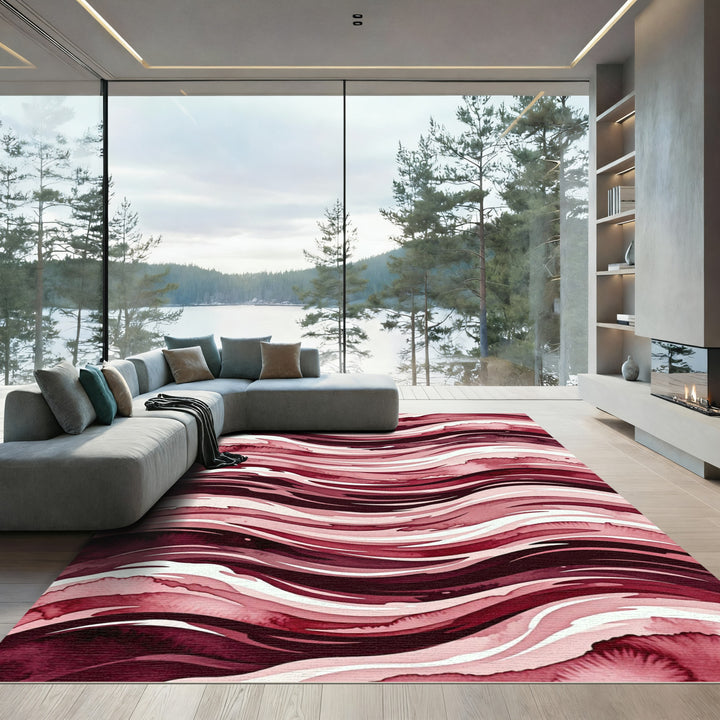 Crimson Watercolor Wavy Strokes Rug