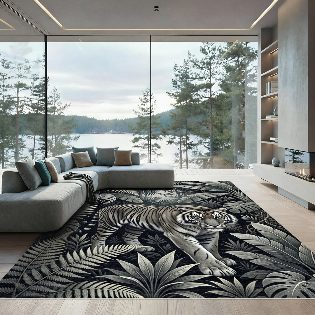 Monochromatic Tiger Amongst Lush Foliage Rug