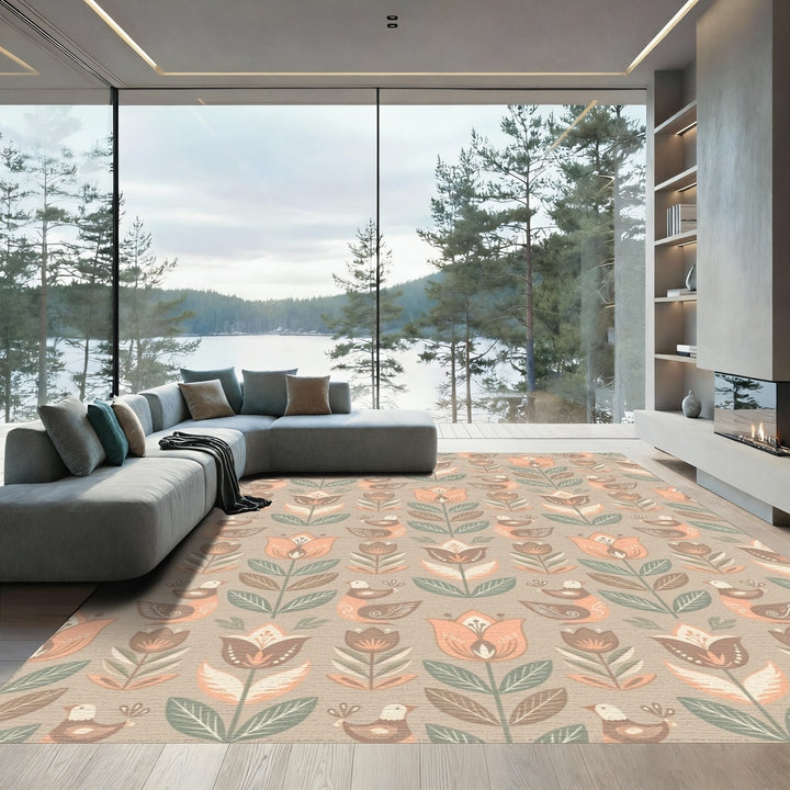 Neutral Earthy Tone Folk Floral Birds Rug