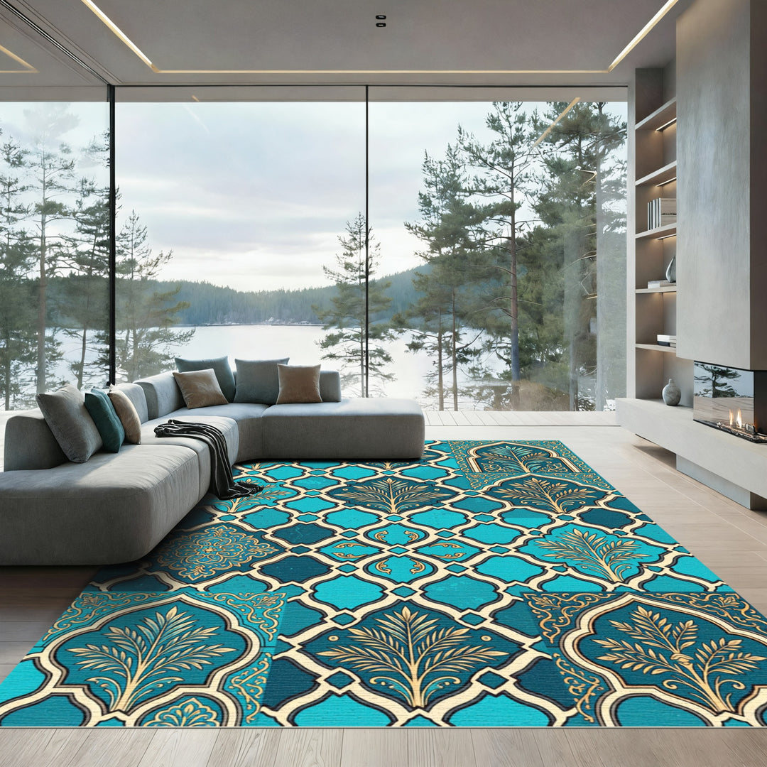 Teal Gold Quatrafoil Arabesque Medallion Rug