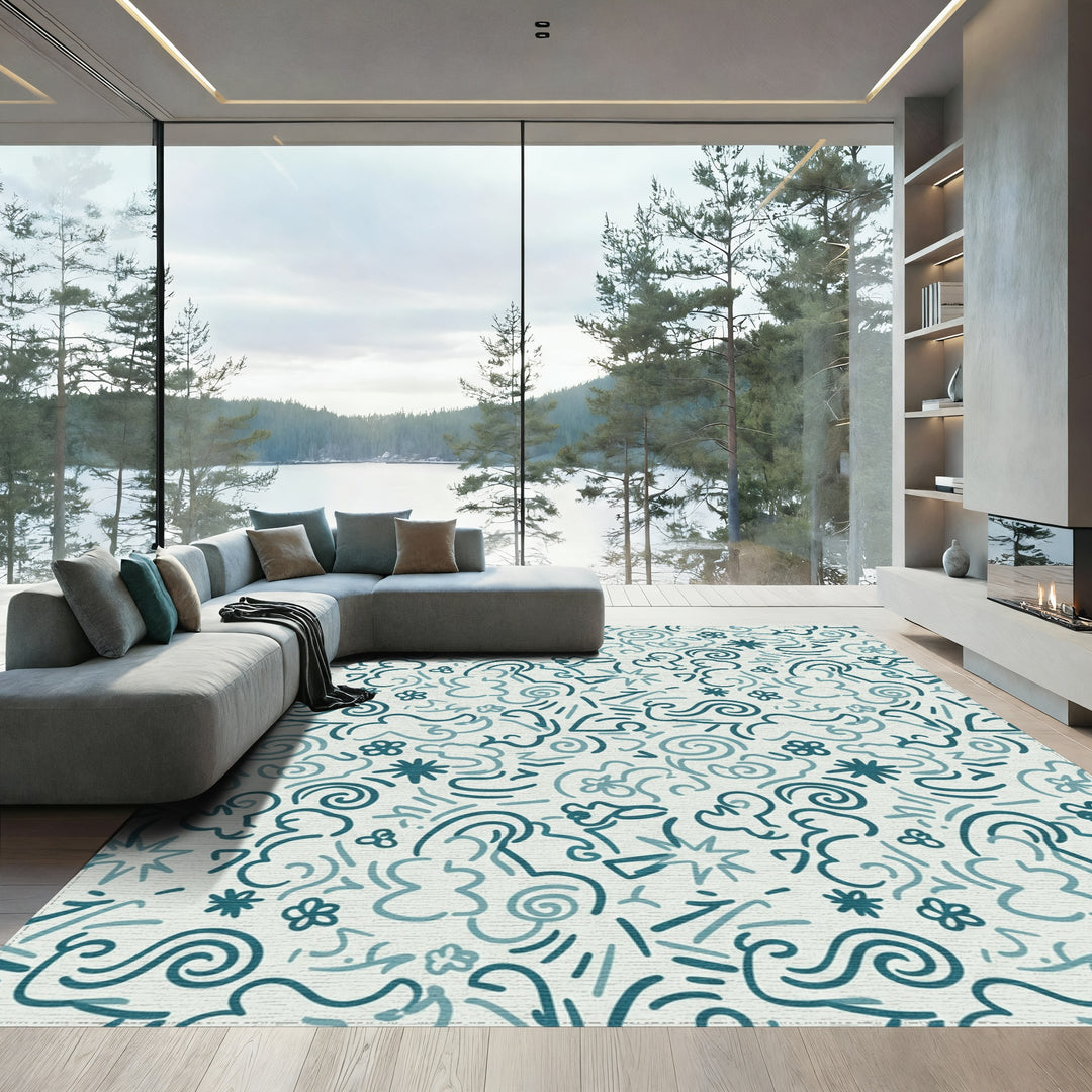Teal Swirls and Stars Abstract Rug