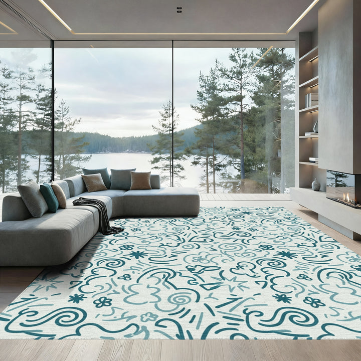Teal Swirls and Stars Abstract Rug