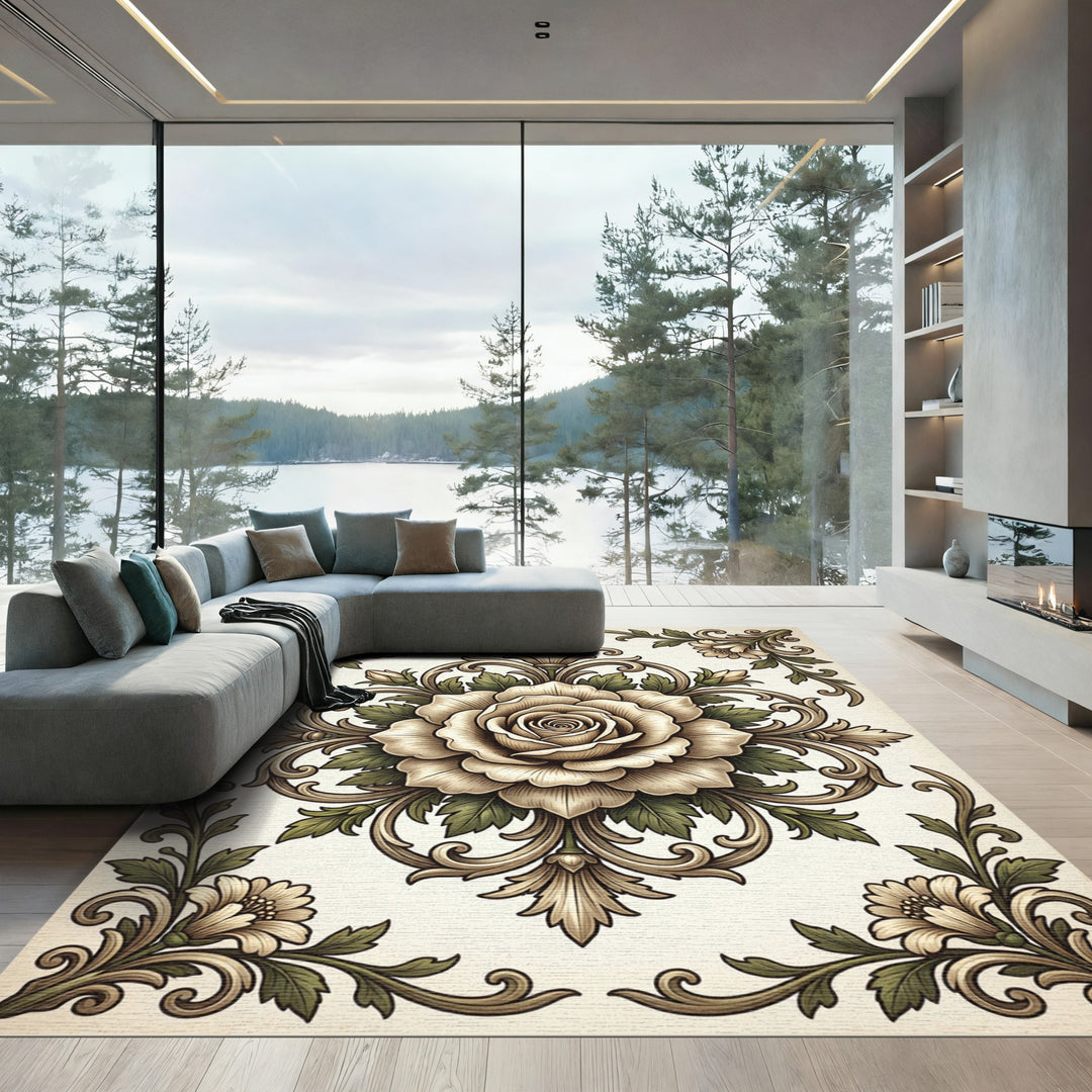 Cream Rose Floral Scrollwork Rug