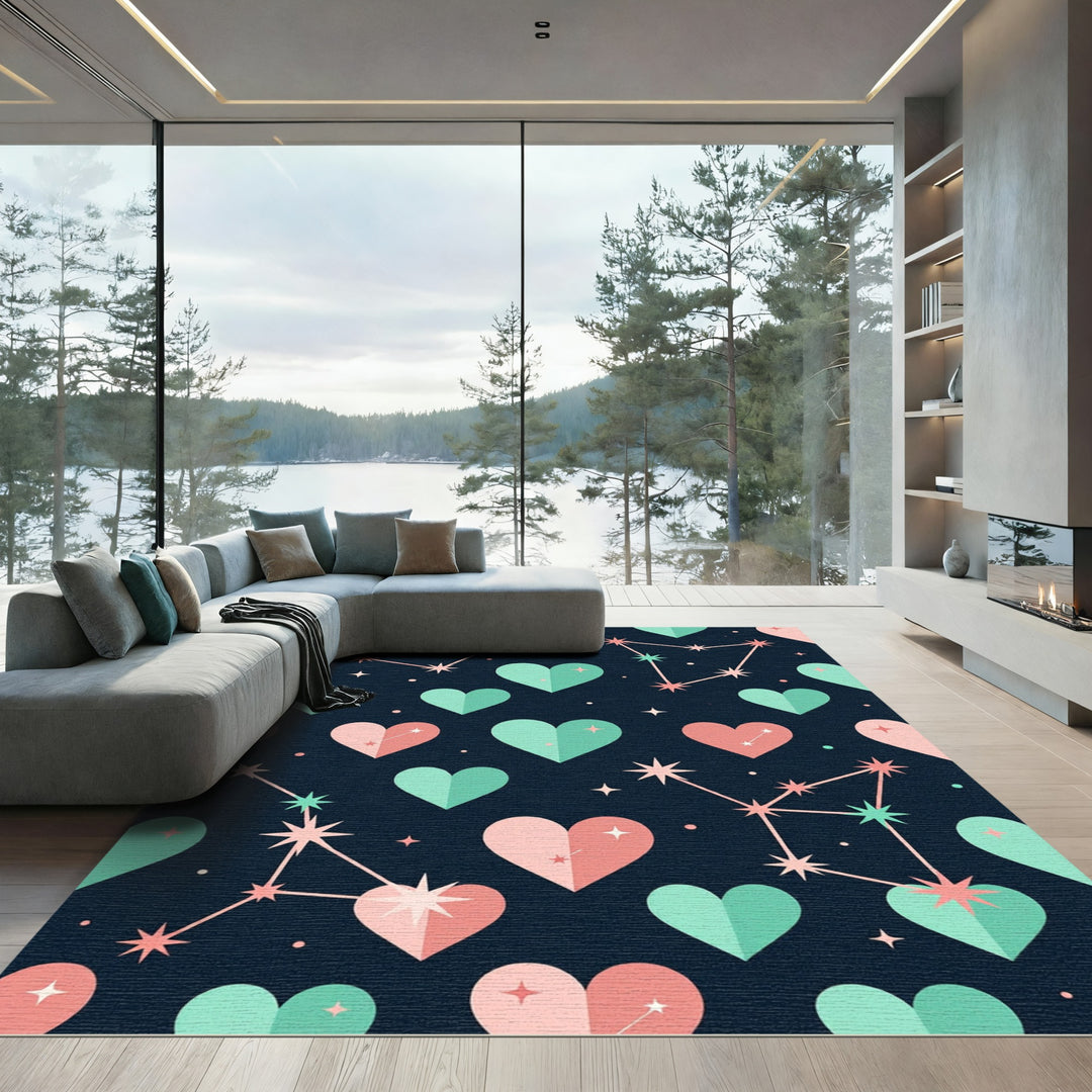 Cosmic Hearts Constellations Teal Coral Rug