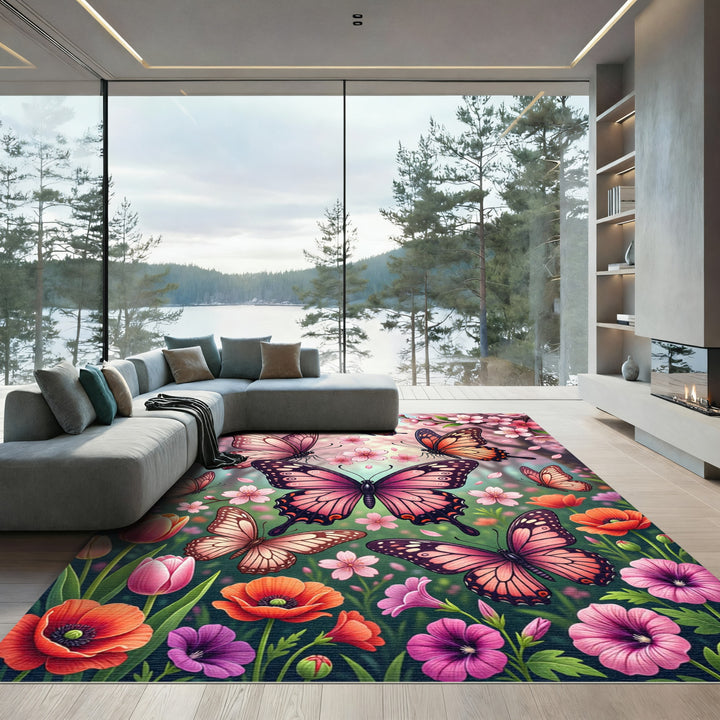 Pink Butterflies And Cherry Blossoms Rug