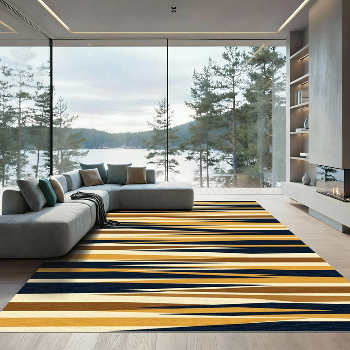 Abstract Ochre Navy Jagged Stripe Rug