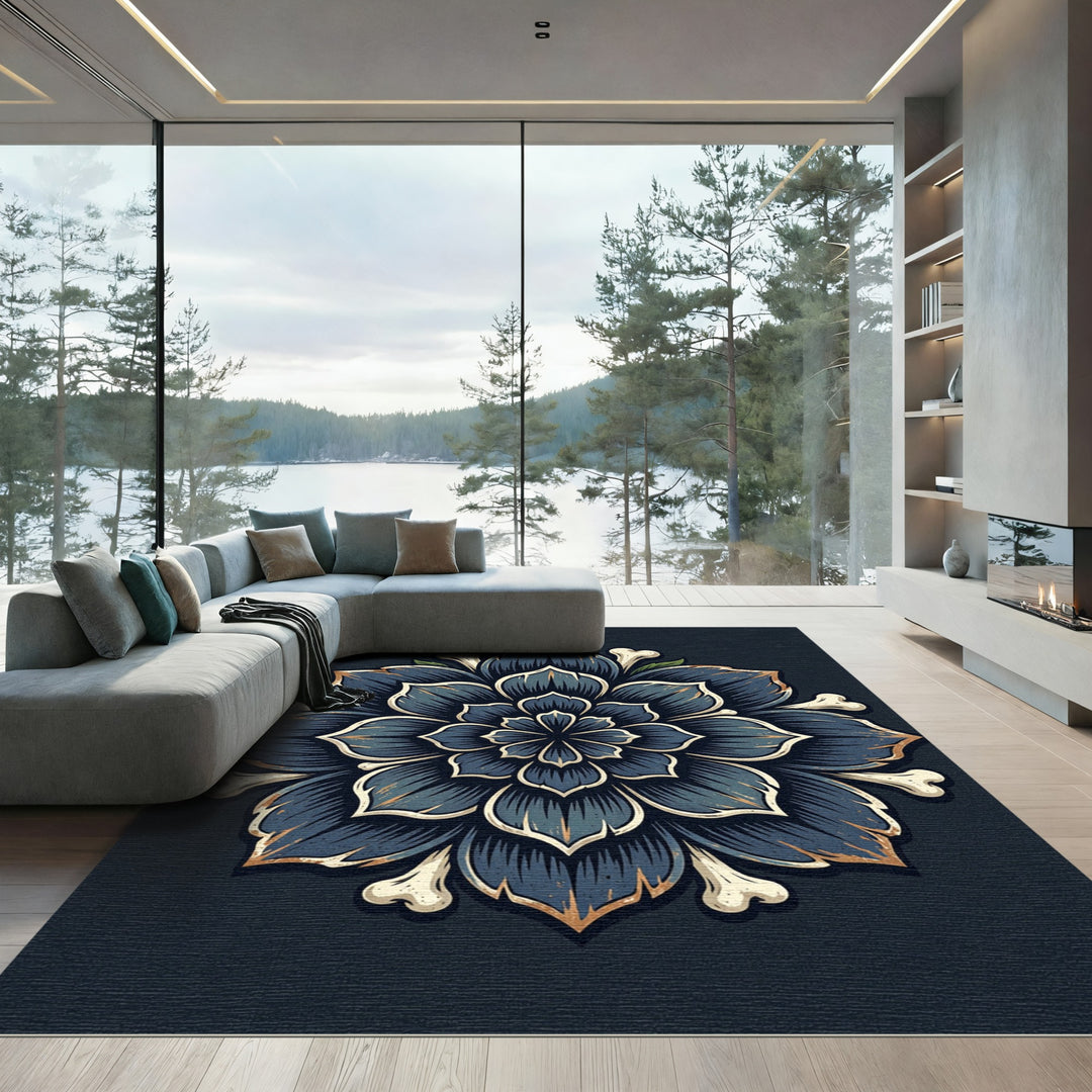 Dark Blue Floral Bone Mandala Rug