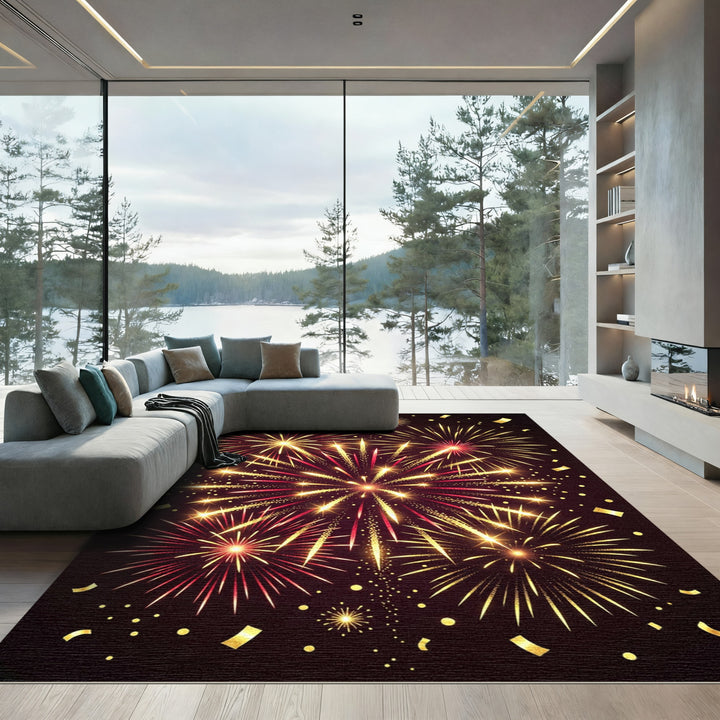 Golden Red Bursting Firework Celebration Rug