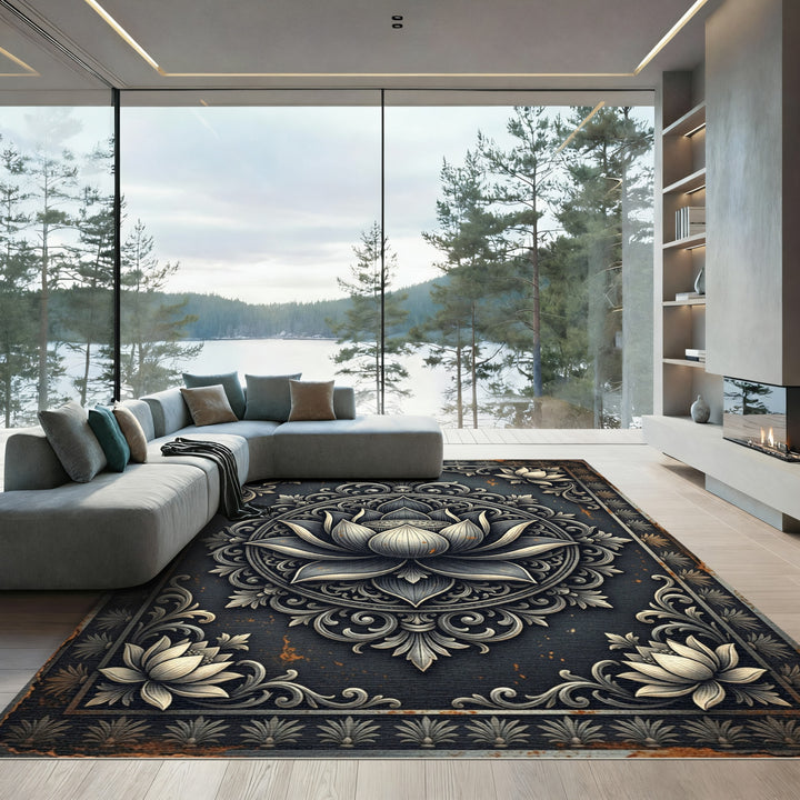 Ornate Lotus Flower Medallion Rug