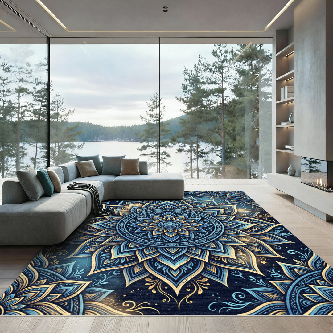 Exotic Blue Golden Mandala Radiance Rug