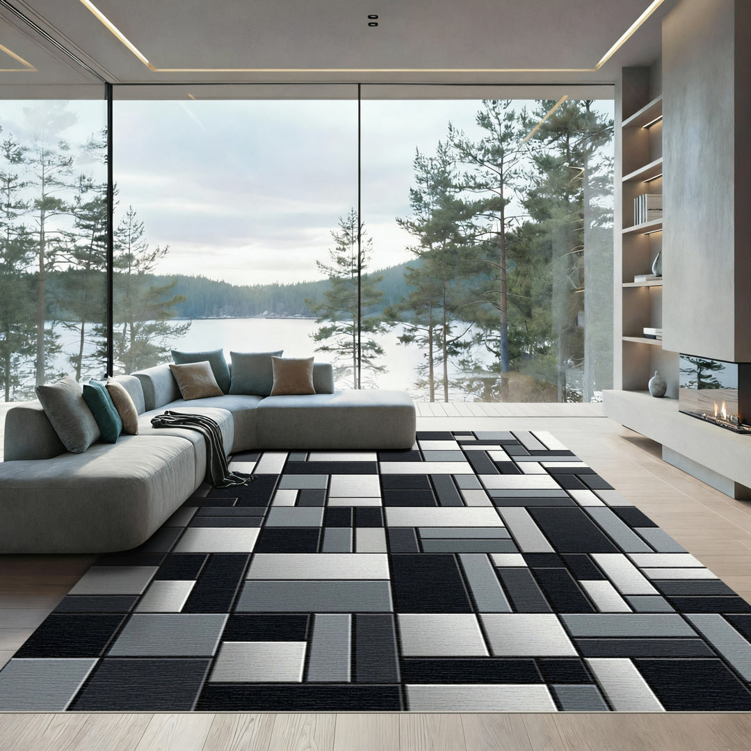 Abstract Mondrian Black White Geometric Rug
