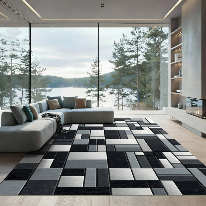 Abstract Mondrian Black White Geometric Rug