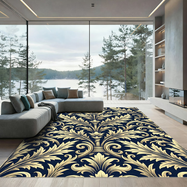 Golden Acanthus Damask Navy Rug